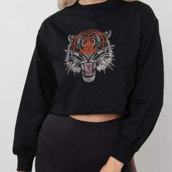 Beach Riot Tops - Beach Riot Studded Tiger Crop Crewneck Sweatshirt Black